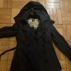 Burberry Brit navy trench coat with removable hood and inner lining.